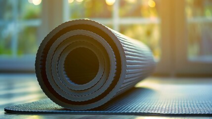 A premium yoga mat rolled up in a serene, sunlit studio, symbolizing wellness and health in a fitness product advertisement.