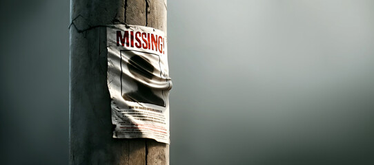 Missing Person Poster on Weathered Wooden Pole With Dramatic Lighting and Blurred Background. International day of the Disappeared