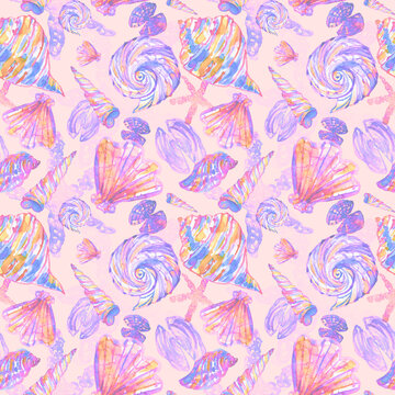 Seamless pattern with watercolor drawn seashells, starfish, underwater life on pink color background. Violet and orange shell on lavender color. Template for fabric, textile, surfaces, covers. 