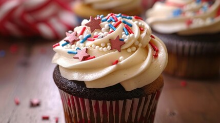 close-up of a beautifully decorated Fourth of July cupcake with star-shaped sprinkles