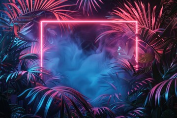 Neon Frame with Tropical Plants