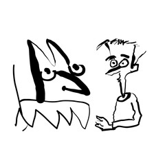Obraz premium Caricature stylisée d'humain et d'animal, face à face, dessin au contour noir pour élément d'illustration 