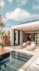 Fototapeta premium Modern house with solar panels and pool, representing sustainable living and eco-friendly home design