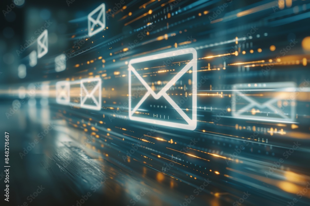 Poster symbolic white envelope with arrow pointing to computer screen representing email delivery
