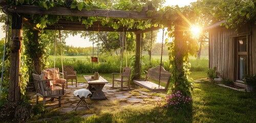 A rustic backyard with a wooden pergola covered in climbing vines, antique furniture, and a vintage swing, all bathed in golden afternoon sunlight.