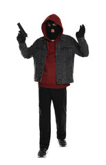 Thief in balaclava raising hands with gun on white background