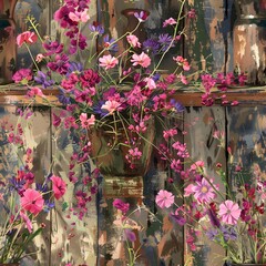 Vibrant Wildflowers in Rustic Vintage Vase on Wooden Table with Warm Natural Lighting