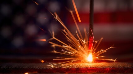 close-up of a sparker lit against a background of the American flag