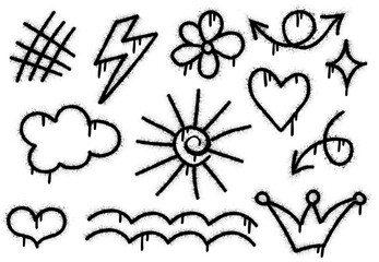 Graffiti drawing symbols set. Painted graffiti spray pattern of lightning, arrow, crown, star, heart, flower and smile. Street art style illustration