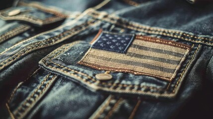 close-up of a vintage American flag patch on a denim jacket