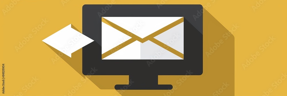 Poster symbolic white envelope with arrow pointing to computer screen representing email delivery