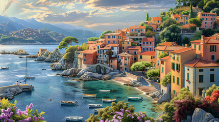 Along the sun-drenched coast, a picturesque village beckons with its colorful cottages and bustling harbor, the rhythm of life dictated by the ebb and flow of the tide - Powered by Adobe