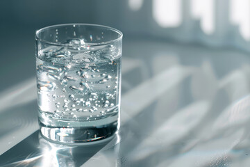Transparent glass with crystal clear drinking water on a light background close up
