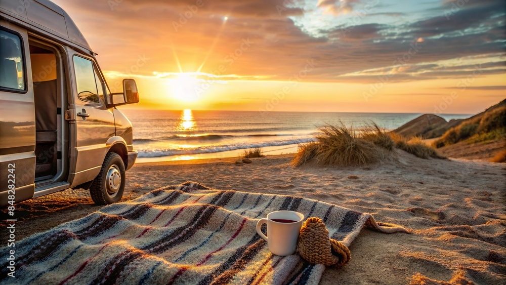 Wall mural Campervan with hot coffee and knitted blanket on the beach at sunset near sea view, campervan, beach, sunset, sea, ocean - Wall murals
