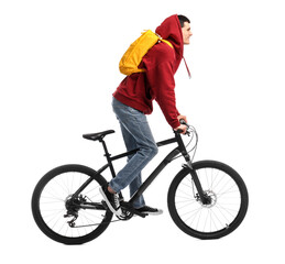 Smiling man with backpack riding bicycle on white background