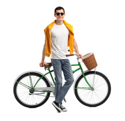 Smiling man in sunglasses near bicycle with basket isolated on white