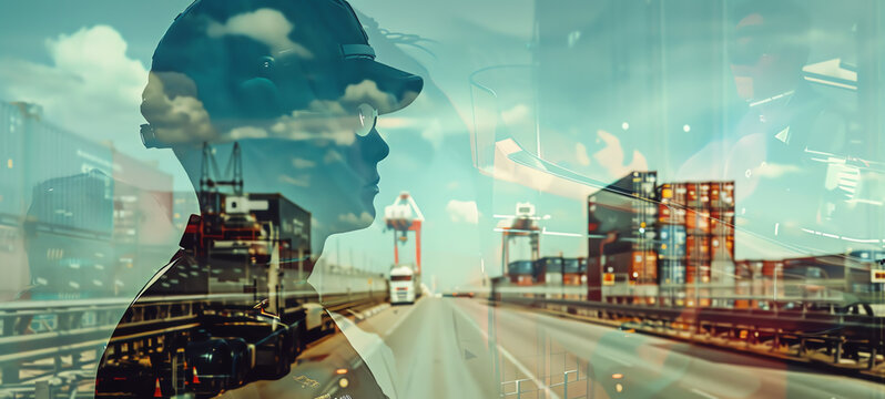 Border Control Double exposure of a customs officer with an overlay of a border checkpoint and cargo transport.