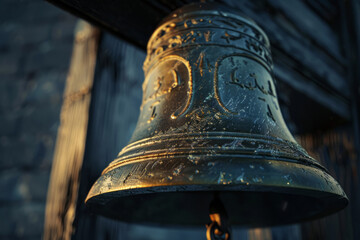 Obraz premium close up of church bell in tower close up, large brass bell with patina 