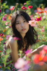 Naklejka premium 花畑に座るアジア人女性のポートレート、コスモス