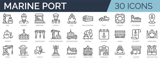 Set of 30 outline icons related to marine port. Linear icon collection. Editable stroke. Vector illustration