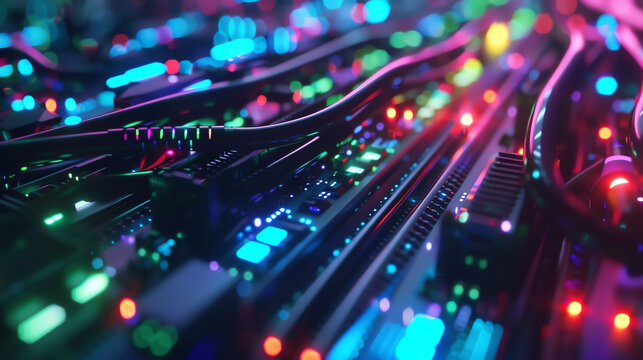Illuminated Connections Closeup of fiber optic cables in a server rack, glowing brightly.