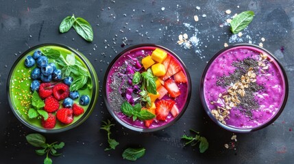 Three healthy smoothies in glass jars on a dark background