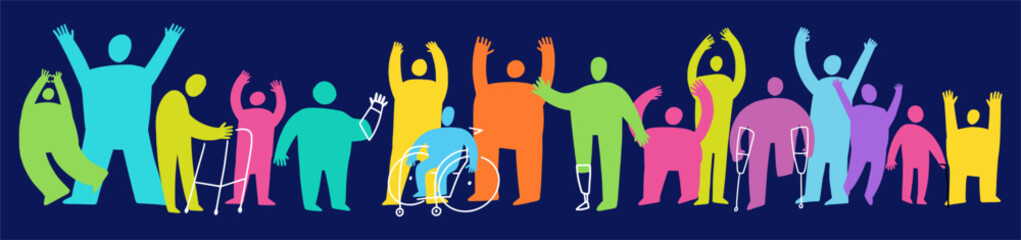 A multiracial group of people with disabilities. A group of people hand-drawn in the form of doodles.