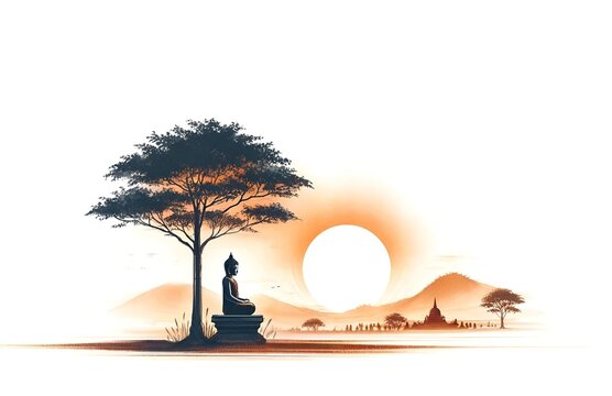Watercolor illustration for asanha bucha day with silhouette of buddha statue under a tree. 