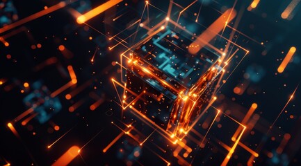 A dynamic digital art piece featuring an abstract cube with glowing edges, set against a dark background Generative AI