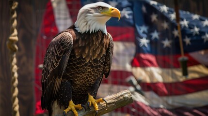 Naklejka premium majestic American bald eagle perched on a branch with the American flag as a backdrop
