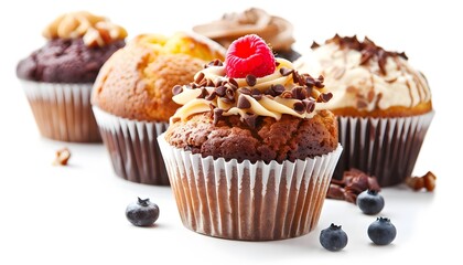 Muffins with fruit on a white background.