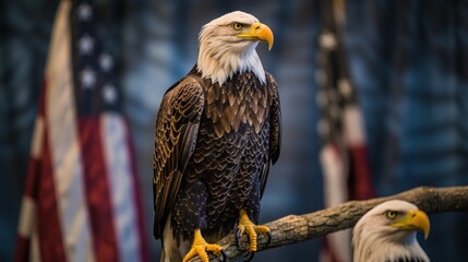majestic American bald eagle perched on a branch with the American flag as a backdrop