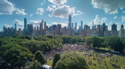 Fototapeta premium panoramic shot of a bustling city park filled with people celebrating Independence Day