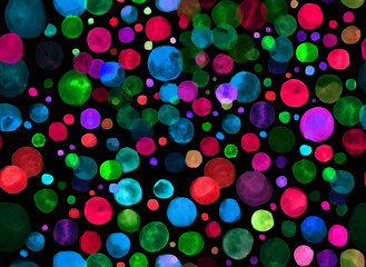 Bubbles Watercolor circle shape pattern. Bright polka dot on Black background.seamless pattern. new 
