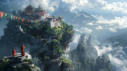 High upon a craggy precipice, a mountaintop monastery exudes tranquility, prayer flags fluttering...