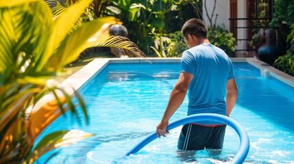 Man cleaning the pool with vacuum. Cleaning pool service