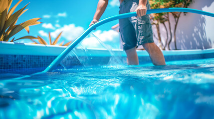 Cleaning service man maintains the pool
