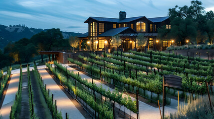 In the heart of wine country, rows of grapevines unfurl across rolling hills, leading the eye to a...