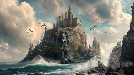 Perched atop a craggy precipice, an ancient castle stands sentinel against the crashing waves...