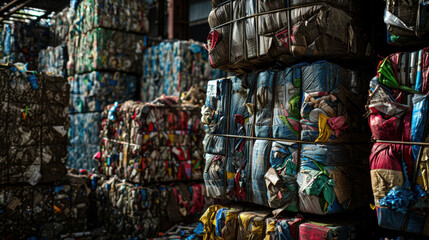 Fototapeta premium Bales of compressed recycled materials stacked in a large warehouse at a recycling facility.