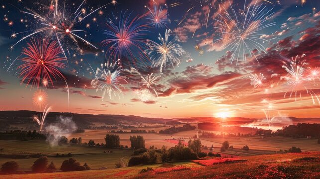 picturesque landscape with a sunset sky filled with fireworks in red, white, and blue colors
