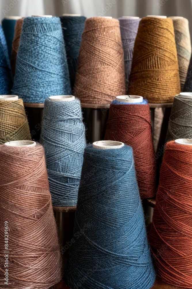 Poster colorful yarn rolls grid on white background with ample negative space for text placement