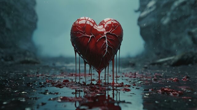 Broken Heart Amidst Ruins: A Tale of Lost Love and Sorrow.
A Wasted pure heart that was beautiful before breaking it. Symbolize heartbreak, wasted love, pain, sadness, painful memories & experiences.