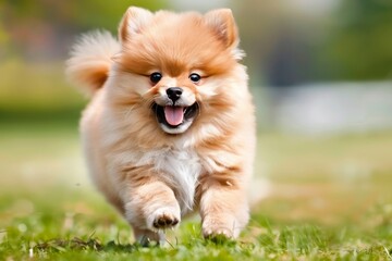 White pomeranian puppy running on green grass, minimalist design with copy space