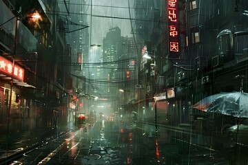 Fototapeta premium A photo of a dimly lit alleyway with a vivid green light shining at the far end creating a mysterious and intriguing atmosphere A dark rainsoaked alleyway in a futuristic city AI Generated 