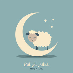 Eid al adha mubarak vector illustration of a crescent moon and a stylized sheep