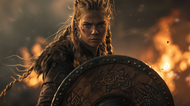 A norse shieldmaiden stands before a fiery background, illustrating a woman warrior's fierce spirit and determination in a viking setting