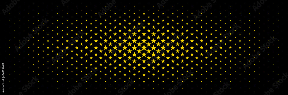 Poster horizontal gold star spreading from center on black design for pattern and background.
