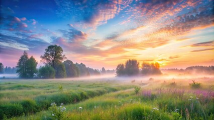 Dreamy meadow at dawn with mist rising and soft pastel colors in the sky, meadow, dawn, mist, grass, soft pastels, dreamy