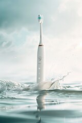 Electric toothbrush standing upright in water with dynamic splashing drops creating a clean and fresh atmosphere